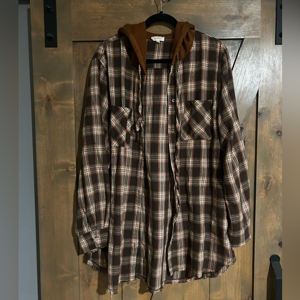 Brown Checkered Hooded shacket